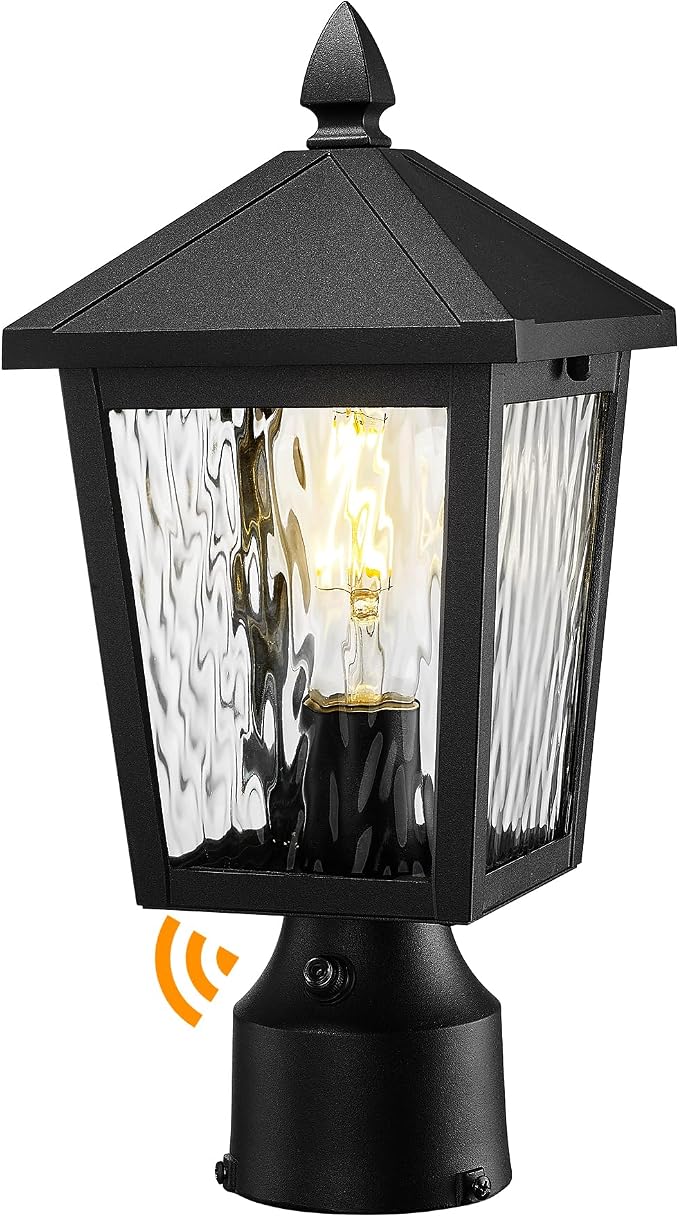 zeyu Lantern Post Light Fixture with Photocell Sensor, 13.7 Inch Dusk to Dawn Outdoor Post Lighting, Exterior Pole Lighting Fixture with Water Ripple Glass, 20076PS-PC BK-WP