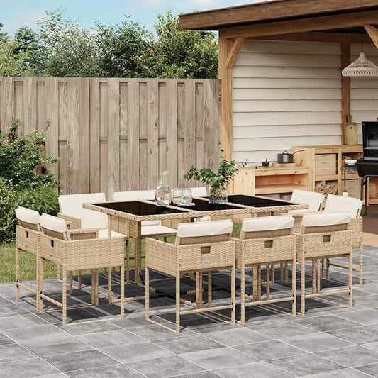 11 Piece Patio Dining Set with Cushions Beige Poly Rattan Outdoor Dining Table and 10 Chairs for Garden Backyard Porch Tempered Glass Top Space-Saving Foldable Seats UV-Proof