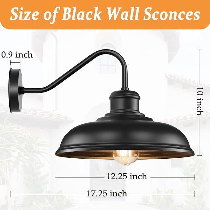 17.25” Outdoor Wall Light Fixtures, Farmhouse Black Gooseneck Barn Lights | 2-Pack Exterior Lighting Fixtures Wall Mounted, Porch Lights Waterproof, Anti-Rust Outdoor Lights for House Garage Entryway