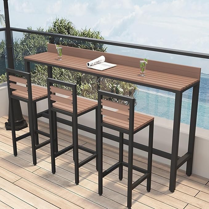 Outdoor Bar Table, Patio Pub Height Table with Anti-Fall Baffle, All-Weather Bar Height Counter Table, Narrow Dining Table for Hot Tub, Garden & Backyard(Color:Black+Wood,Size:L-47.2in)