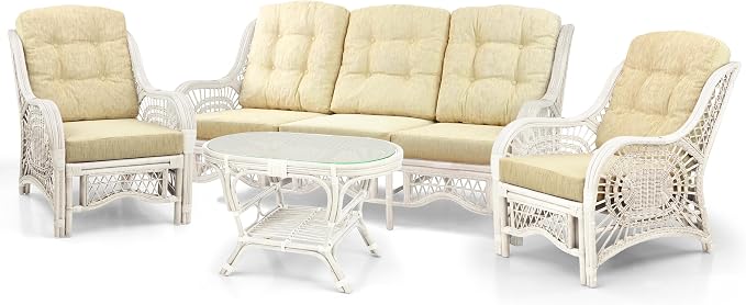 Malibu Lounge Set of 4: 2 Natural Rattan Wicker Chairs, Three-Seater Sofa with Cream Cushions and Coffee Table with Glass Handmade, White Color