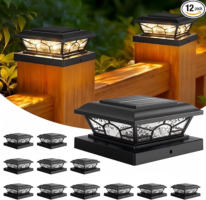4x4 3.5x3.5 Solar Post Cap Lights 12-Pack Black | 2 Modes (Warm/Cool White), 16LEDs, for Wooden/Vinyl Posts, IP65 Waterproof, Outdoor, for Fence, Deck, Patio, Yard, Porch