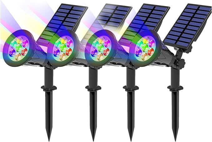 T-SUN Color Changing Solar Spot Lights Outdoor Waterproof, 7 LEDs, 4 Pack | 7 Color Changing Modes, IP65 Waterproof Dusk to Dawn Solar Uplights for Tree, Patio, Yard, Garden, Driveway, Pool Area