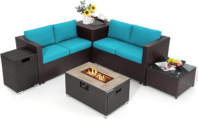 Tangkula 6 Pieces Patio Wicker Furniture Set with 32 Inches Propane Fire Pit Table and Tank Holder, Outdoor Conversation Set with Storage Box and Coffee Table, 2 Waterproof Covers Included (Turquoise)