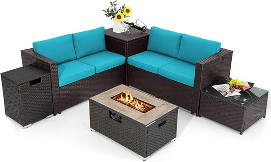 Tangkula 6 Pieces Patio Wicker Furniture Set with 32 Inches Propane Fire Pit Table and Tank Holder, Outdoor Conversation Set with Storage Box and Coffee Table, 2 Waterproof Covers Included (Turquoise)