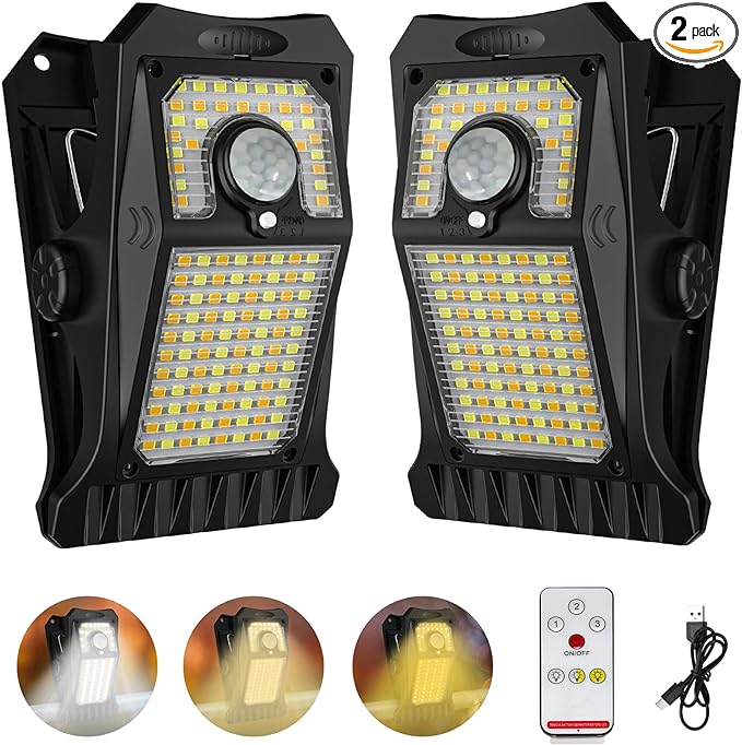 Tryme 118Leds Solar Lights Outdoor Clip Motion Sensor Lights Security Light 3 Modes, 3 Color Temperature, Solar Powered, USB Charging (2 Pack)