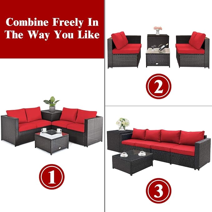 Tangkula 4 Piece Wicker Patio Set with Storage, All Weather-Proof Outdoor Conversation Set, with Loveseat, Glass Top Coffee Table & Storage Box, Suitable for Garden, Poolside, Sunroom (1, Red)