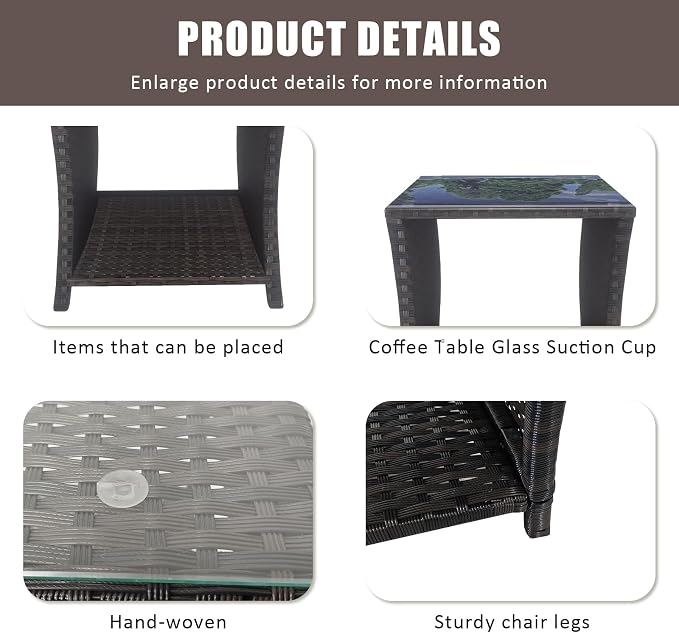 Wicker Rattan Side Table,Outdoor Patio Wicker Table,Modern Patio End Side Table with Glass Countertop and Storage Space,for Garden Balcony Porch