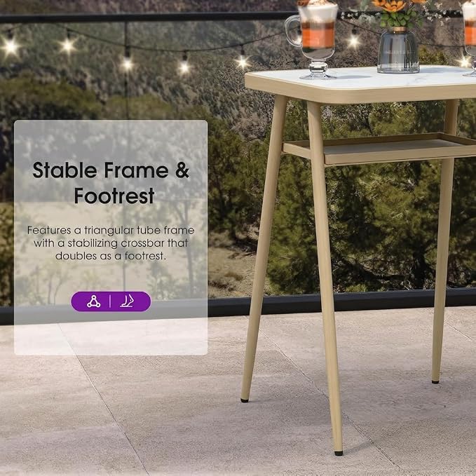 PURPLE LEAF Counter Height Bar Aluminum Table with Shelve for Indoor and Outdoor Garden Natural Wood Grain