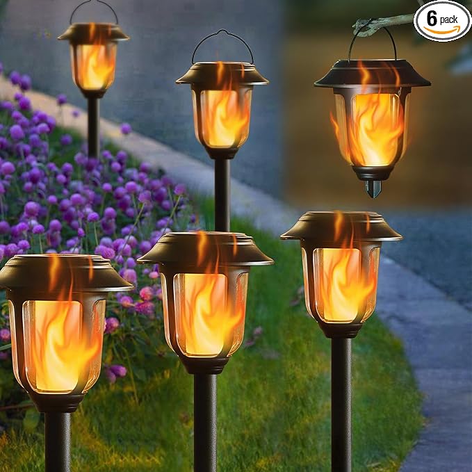 Dynaming Dual Use Solar Flame Lights Outdoor 6 Pack, Solar Flickering Flame Pathway Lights, Hanging Lantern Light, Auto On/Off & Waterproof for Garden Lawn Patio Yard Walkway Deck Driveway