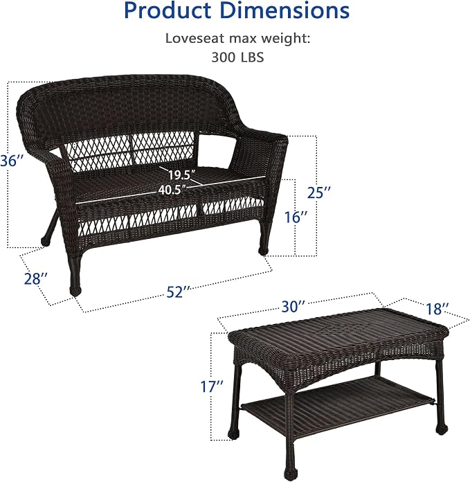 Jeco Wicker Patio Love Seat and Coffee Table Set without Cushion, Espresso
