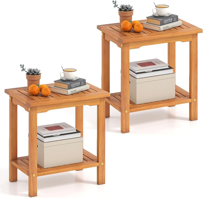 Tangkula Outdoor Side Table, 2-Tier Patio End Table with Slatted Tabletop & Storage Shelf, Acacia Wood Accent Bistro Table for Backyard, Poolside, Garden, Indoor, Natural (2)