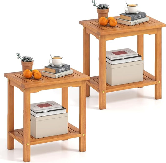 Tangkula Outdoor Side Table, 2-Tier Patio End Table with Slatted Tabletop & Storage Shelf, Acacia Wood Accent Bistro Table for Backyard, Poolside, Garden, Indoor, Natural (2)