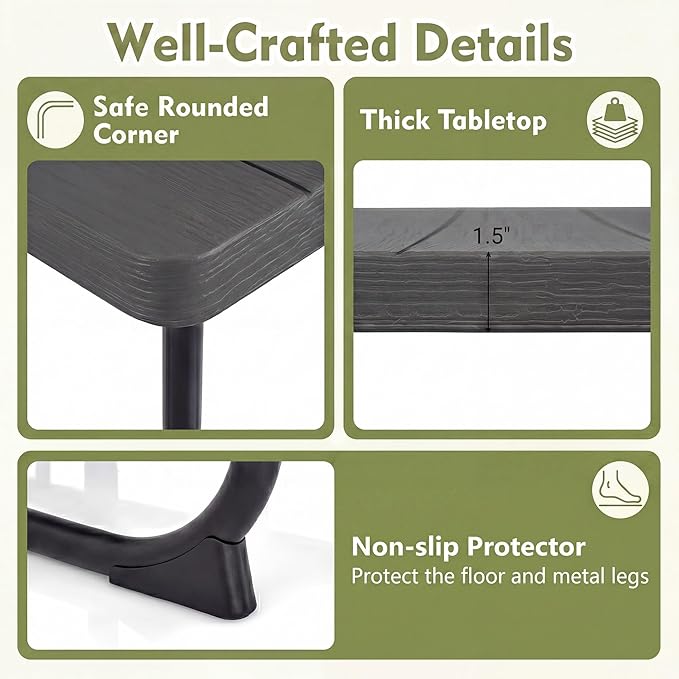 GYMAX Picnic Table Bench with Umbrella Hole, 8 Person Square Outdoor Picnic Table with Metal Frame & HDPE Tabletop, Camping Table for BBQ Yard Patio, 2300LBS Capacity (Black)