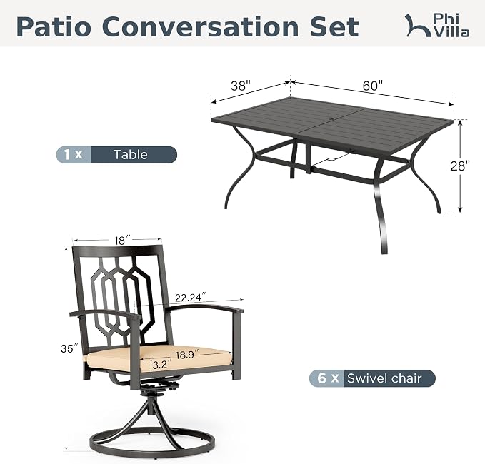PHI VILLA 7 Pcs Patio Dining Set for 6,60" Steel Table& Swivel Chairs | Rectangular Dining Table and 6 Swivel Patio Dining Chairs w/ cushions for Outdoor Backyard Bistro Furniture Set
