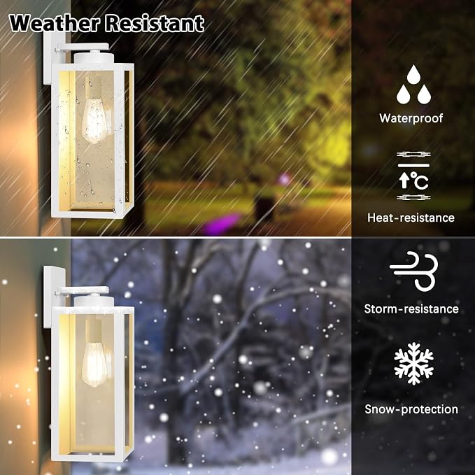 BesLowe 15’’ Large Outdoor Wall Lights, Modern White Exterior Wall Lanterns | Waterproof Metal Construction, Rust-resistant, Quick & Easy Installation, Clear Glass Shades & Standard E26 Socket