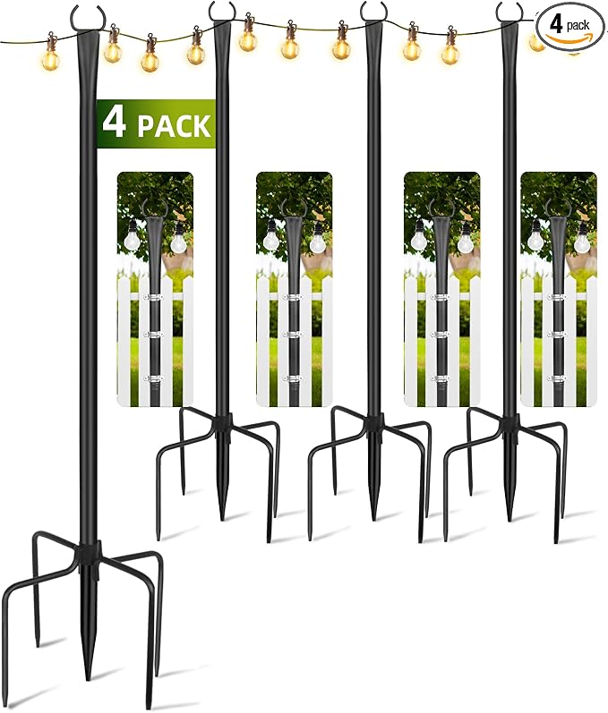 String Light Poles for Outside, 4 Pack 10 ft Adjustable Light Poles | Heavy Duty, Weather Resistant, 5 Prong Stable Base, Ground & Fence Mount, Fence Clips Included, For Patio Garden Porch Decor