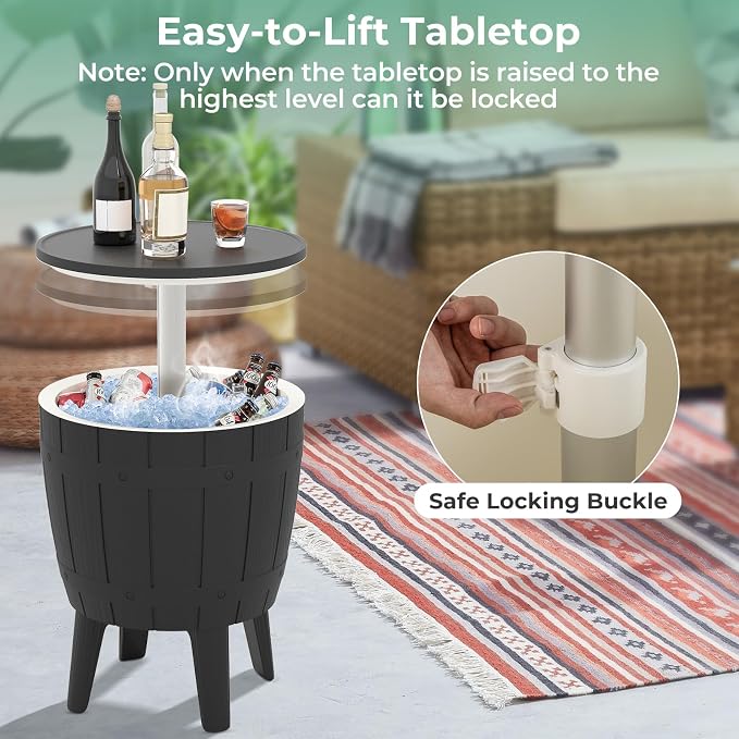 Giantex Cooler Side Table Outdoor, 10 Gallon Ice Cooler with Drainage Plug, Adjustable Height, 3-in-1 Cocktail Patio Par Table for Beer Wine Storage, Deck Pool Backyard Party, Black (Wood-Style)