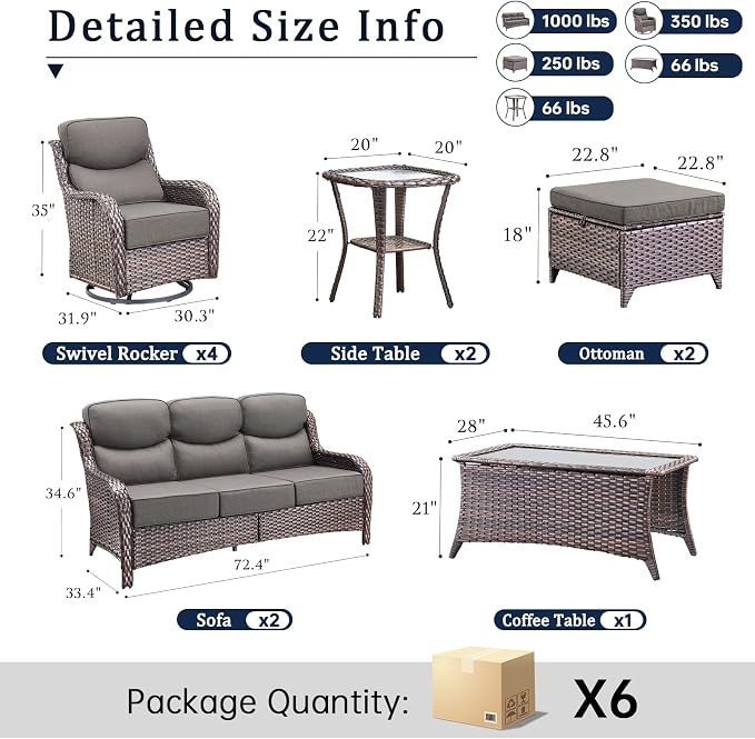Luxury 6" Thick Cushion 11 Pieces Wicker Patio Furniture Set with High Back Swivel Rocker Chairs of 4, Outdoor Conversation Set with Patio Couch for Deck Porch Yard and Poolside