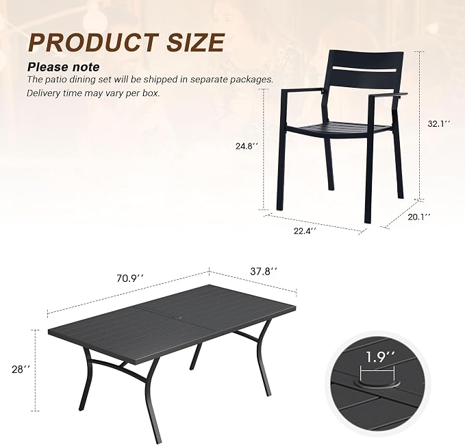 VICLLAX Patio 9 Pieces Outdoor Dining Set for 8, 70" Outdoor Rectangular Metal Dining Table with Umbrella Hole, 8 Stackable Chairs for Lawn, Garden, Porch, Black