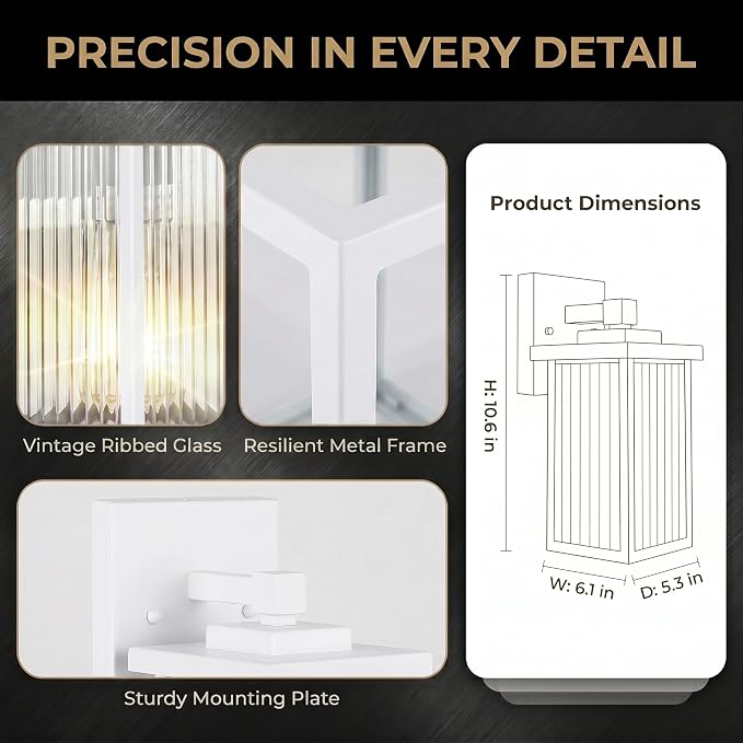 White Porch Light, Waterproof Outdoor Wall Light | Corrosion-Resistant Metal, Textured Glass Cuts Glare, Easy DIY Install on Porch, Garage