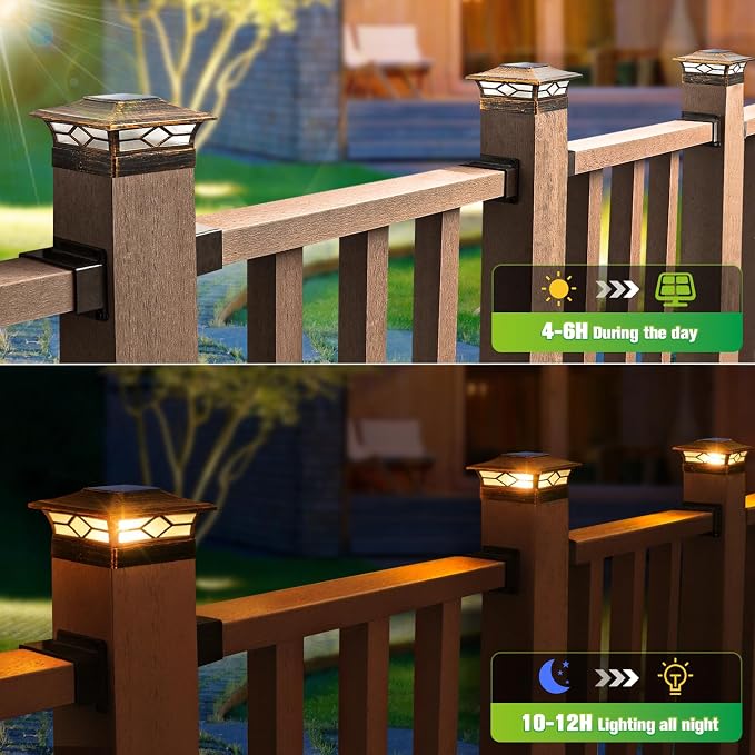 Solar Post Cap Lights Outdoor 8pack, Waterproof Solar Powered Deck Fence Post Lights for 4x4 Wood/Vinyl Posts, Solar Outdoor LED Light with Cool/Warm Lighting (Brushed Copper, 8pack)