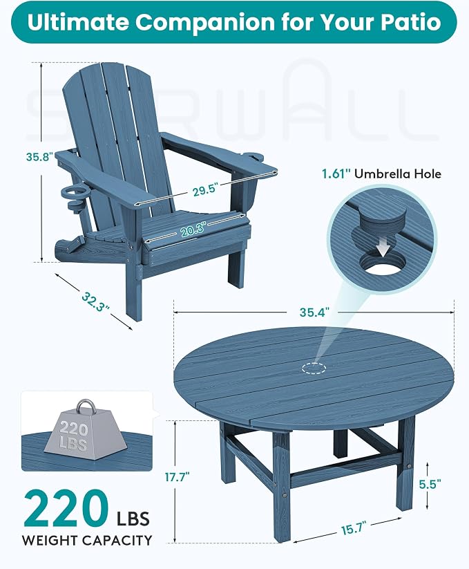 SERWALL 5-Piece Outdoor Furniture Set, Round Coffee Table with Umbrella Hole & Adirondack Chairs with Cup Holders, Blue