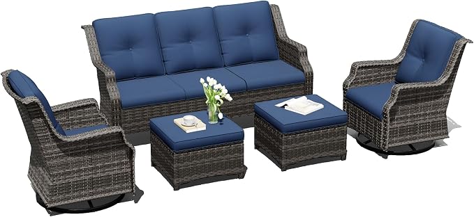 Outdoor Patio Furniture Set, 5 Piece Wicker Patio Furniture with Thick Cushions, Curved Armrest, Deep Seating, Outdoor Swivel Rocker Chairs for Porch, Deck, Balcony