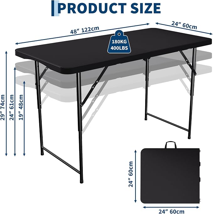 Garvee 4ft Folding Table HDPE Foldable Table with Carrying Handle 3 Adjustable Height Settings Metal Frame Support Up to 400LB Portable for Picnic Camping Party Indoor & Outdoor Use, 1 Pack Black