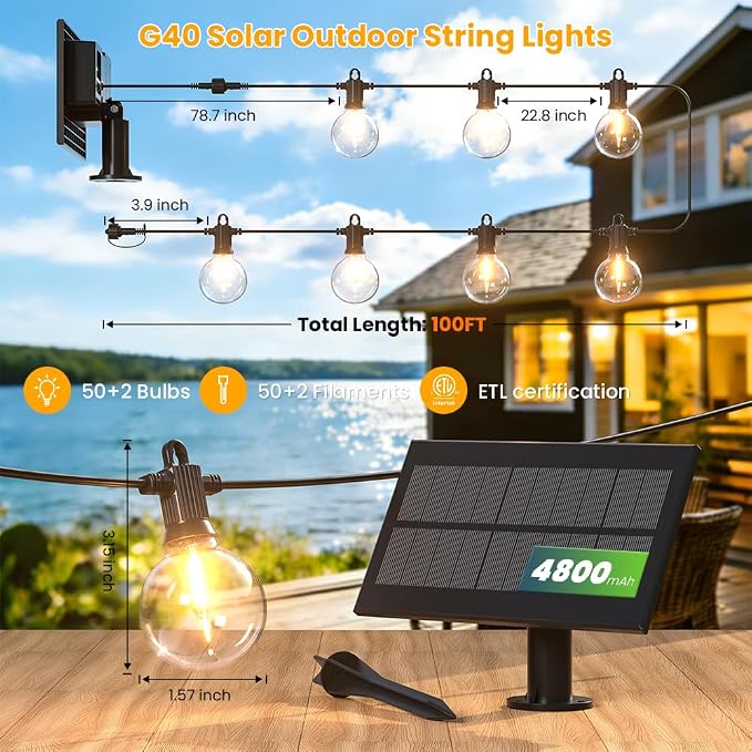100FT Solar String Lights Outdoor Waterproof IP65 with USB-Charging , Solar Powered LED Patio Lights with 50+2 Shatterproof G40 Globe Bulbs, Hanging Lights for Outside Backyard Garden Bistro Gazebo