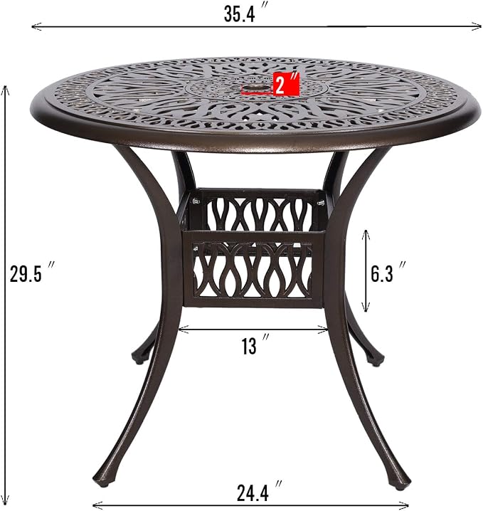Puluomis 35” Round Cast Aluminum Dining Table, Outdoor Patio Retro Bistro Dining Table with 2” Umbrella Hole