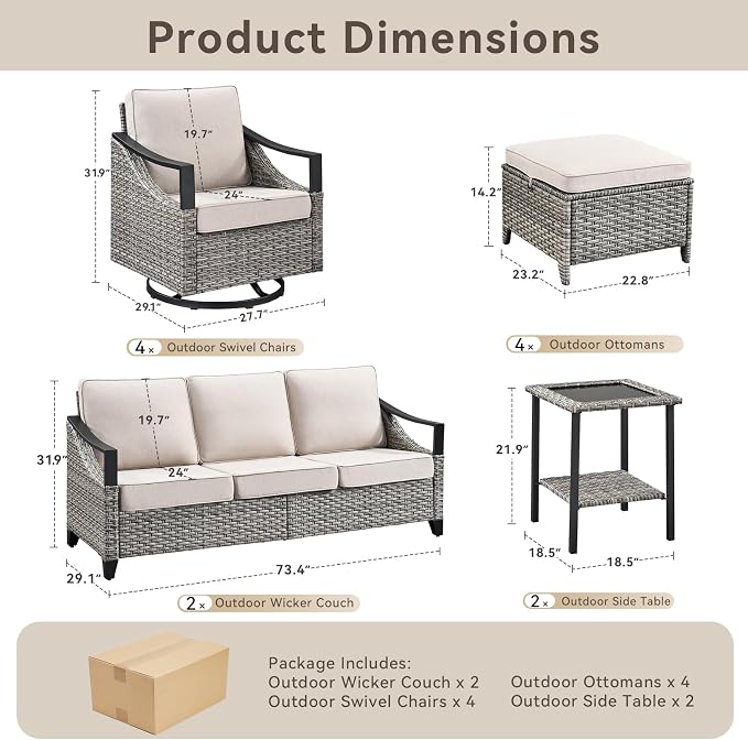 12 Piece Wicker Patio Furniture Sets-High Back Wicker Swivel Rocker Patio Chairs Set of 4 with Thick Cushions Ottomans, Outdoor Sofa, Patio Conversation Sets for Porch Balcony Patio Deck Grey/Beige