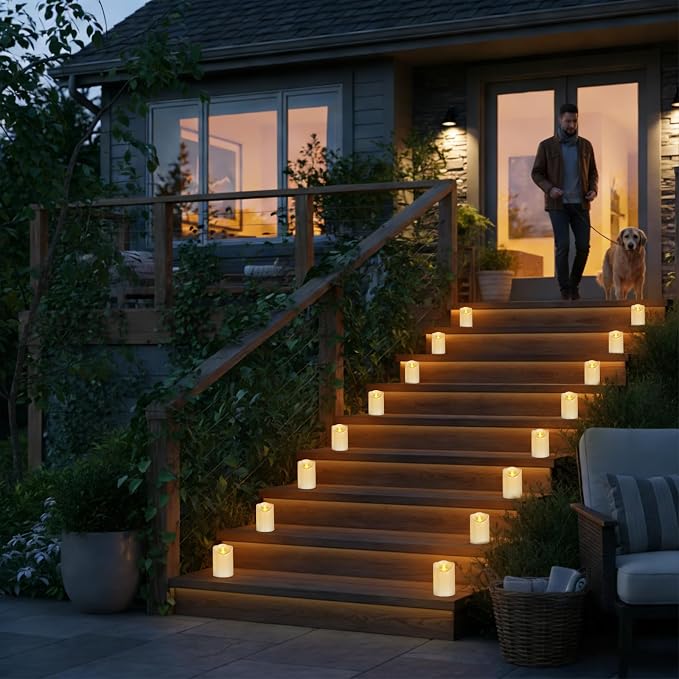Flameless Candles Set of 6 Plastic Pillars with Cozy Climbing Flame Ambient Effect Waterproof Outdoor Battery Operated Candles with 2 Remotes & Timer for Patio Garden & Home Decor (White)