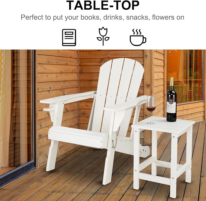 Adirondack Square Side Table - Waterproof & Colorfast HDPE Plastic with Slatted Top, 14x14x18.5 in (White)