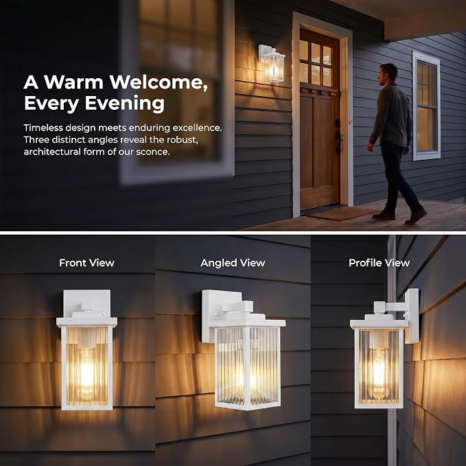 2 Pack White Porch Light, Rust-Resistant Outdoor Wall Light | Corrosion-Resistant Metal, Textured Glass Cuts Glare, Easy DIY Install on Porch, Garage