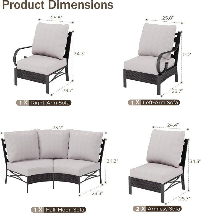 PHI VILLA 6 Piece Half Moon Patio Furniture Set, Outdoor Curved Wicker&Metal Sectional Conversation Set for Garden Balcony and Backyard