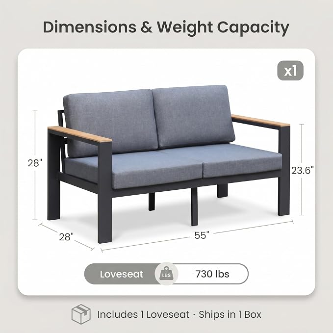 Aluminum Outdoor Patio Furniture Loveseat, All-Weather 2-Seat Patio Sofa with Rust-Resistant Frame and Water-Resistant Easy-Clean Cushions for Porch, Deck, Backyard, Gray