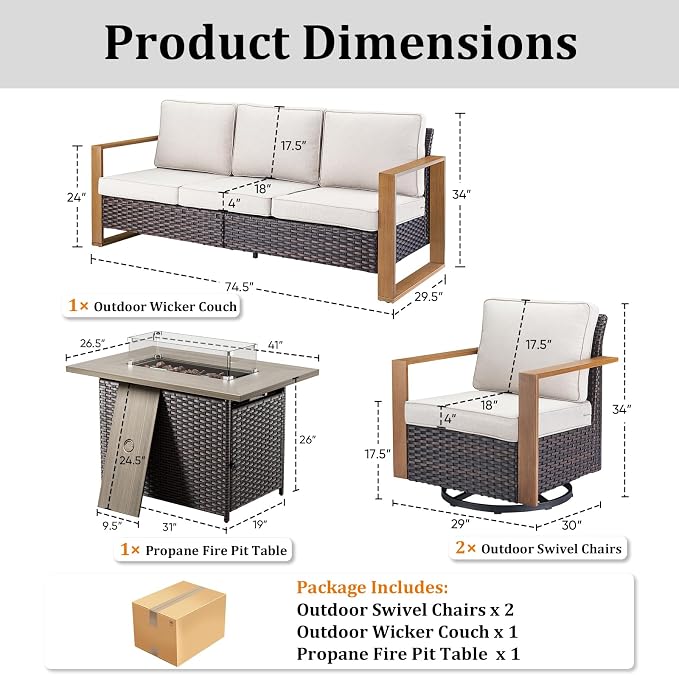 High Back Patio Furniture Set with Fire Pit Table, 4-Pieces Outdoor Furniture with Metal Arm Swivel Chairs, Wicker Conversation Set for Porch, Balcony, Deck and Yard, Beige