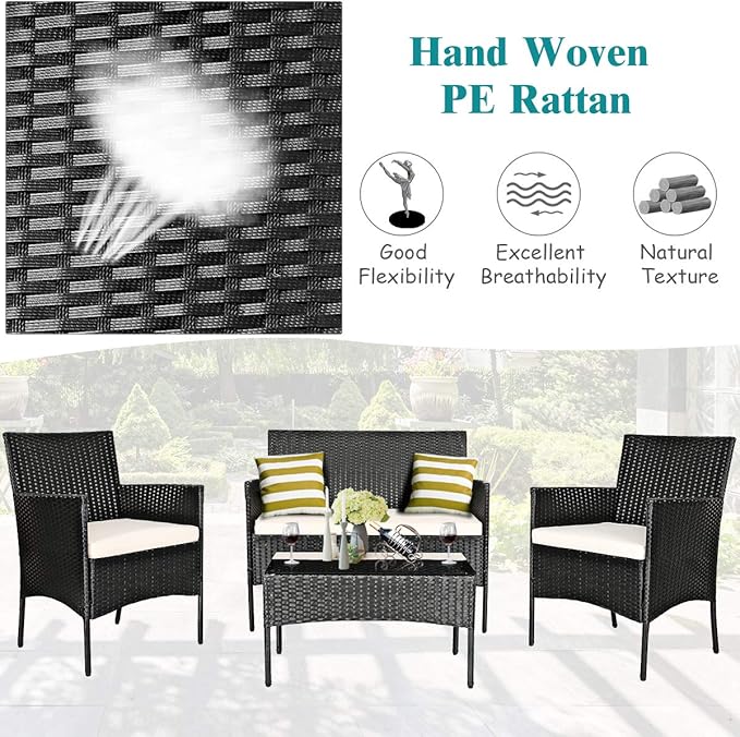 DORTALA Wicker Patio Furniture Set 4 Piece, Rattan Outdoor Table and Chairs Set with Loveseat, Cushions, All Weather Balcony Conversation Sofa Set for Porch, Backyard, Deck, Beige