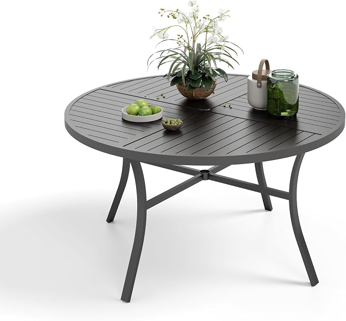 MIXPATIO Outdoor Patio Round Dining Table for 6, 54"x 54" Metal Round Table with Adjustable Umbrella Hole, All Weather Wrought Iron Black Outdoor Table for Deck Lawn Garden Backyard, Black