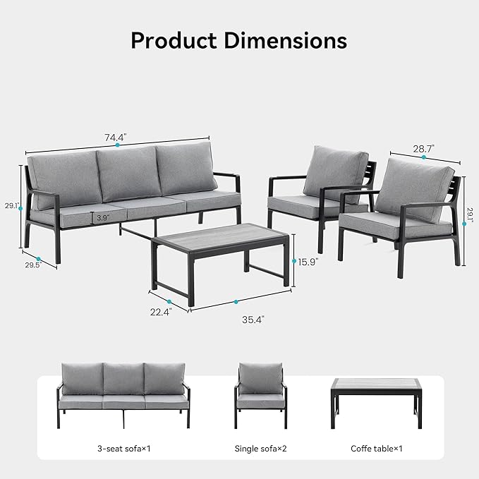 COSIEST 4-Piece Iron-Aluminum Patio Furniture Set, 5-Seater Patio Conversation Set, 3-Seat Outdoor Sectional Sofa with 2 Cushioned Chairs and Wood-Grain Coffee Table for Porch, Balcony, Deck