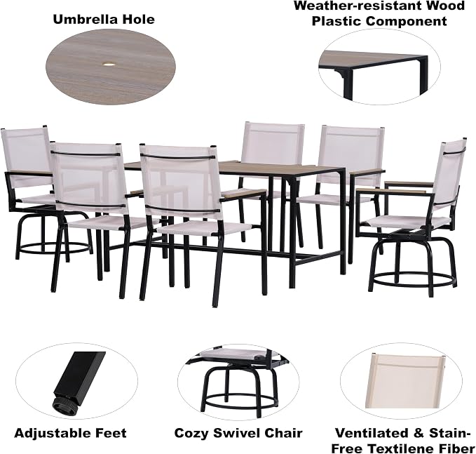 7 Piece Patio Furniture Set High Top Table and Chairs Outdoor Bar Table Set with 6 Stackable Textilene Chairs Large Rectangular Table Brown Outdoor Dining Set for Garden Yard Poolside Backyard Patio