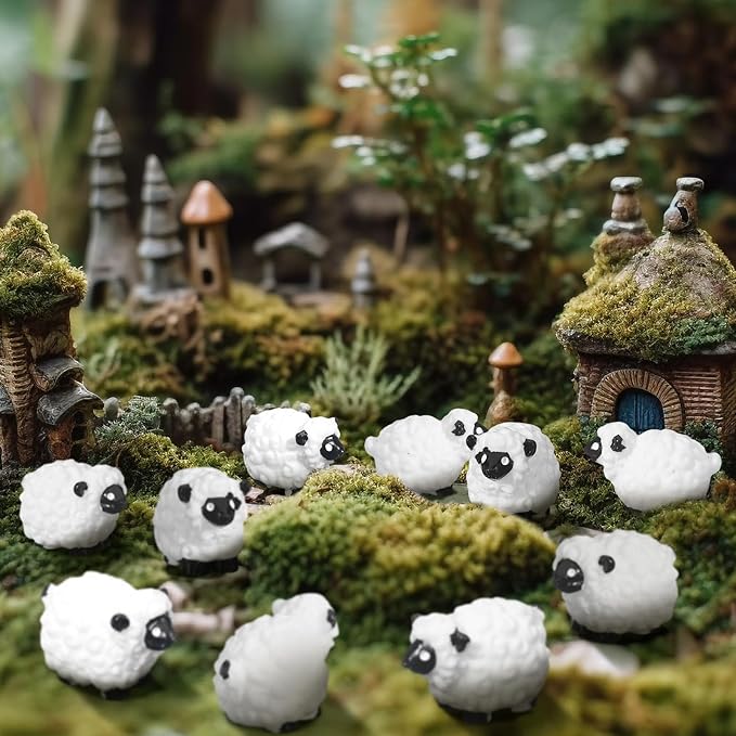 Suzile 50 Pcs Mini Sheep Figurine Miniature Resin Sheep Figurine White Lamb Figure Cute Animal Statue Landscape Little Decor for Spring Summer Outdoor Garden DIY Ornament Cake Topper(Classic Style)