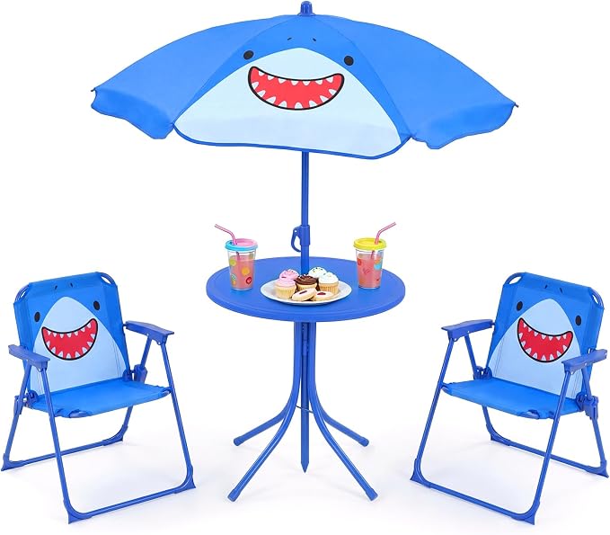 KOTEK Kids Picnic Table with Umbrella, Outdoor Table & 2 Folding Chairs, Cute Pattern Children’s Patio Furniture, Portable Kids Table and Chair Set for Backyard, Garden, Beach (Blue Shark)