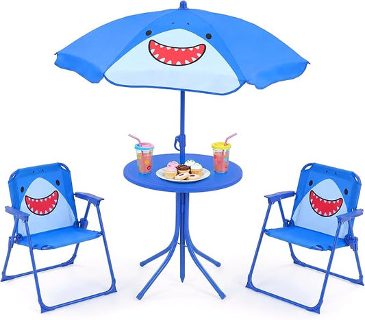 KOTEK Kids Picnic Table with Umbrella, Outdoor Table & 2 Folding Chairs, Cute Pattern Children’s Patio Furniture, Portable Kids Table and Chair Set for Backyard, Garden, Beach (Blue Shark)