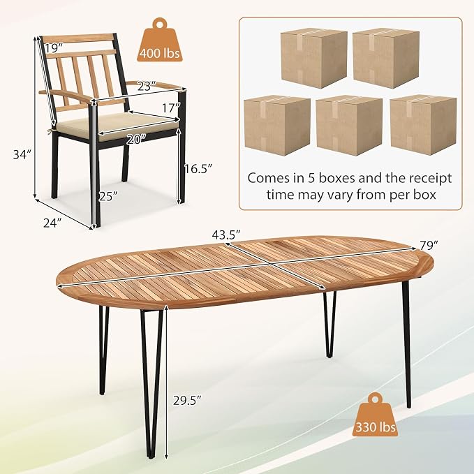 Tangkula 9 Pieces Outdoor Dining Set, Patio Furniture Set with Acacia Wood Top & Umbrella Hole, Metal Frame, Armchairs with Removable Cushions, Wood Dining Table & Chair Set for Yard, Garden, Deck