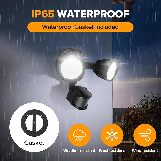 UME 2 Pack LED Security Light Motion Sensor Outdoor Lights, 27W 3500LM, 5000K, IP65 Waterproof, Dusk to Dawn, 2 Head Motion Detector Flood Light for Outside, Garage, Yard (Black)