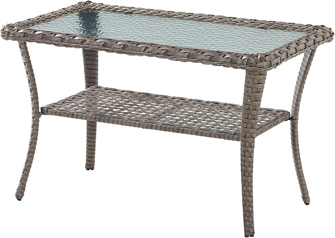 Belord 40 Inch Rectangular Coffee Table - Grey Wicker Outdoor Table with 2-Layer Storage, Tempered Glass Top, Rattan Patio Furniture for Balcony, Porch, Deck