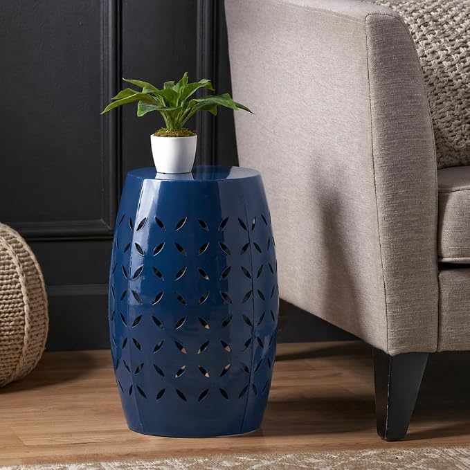 12" Outdoor Side Table, Decorative Cutout Metal Round Side Table, Multi Functional - Coffee Table, Night Stand, Plant Stand for Patio, Garden, Backyard, Gazebo Indoor (Navy)