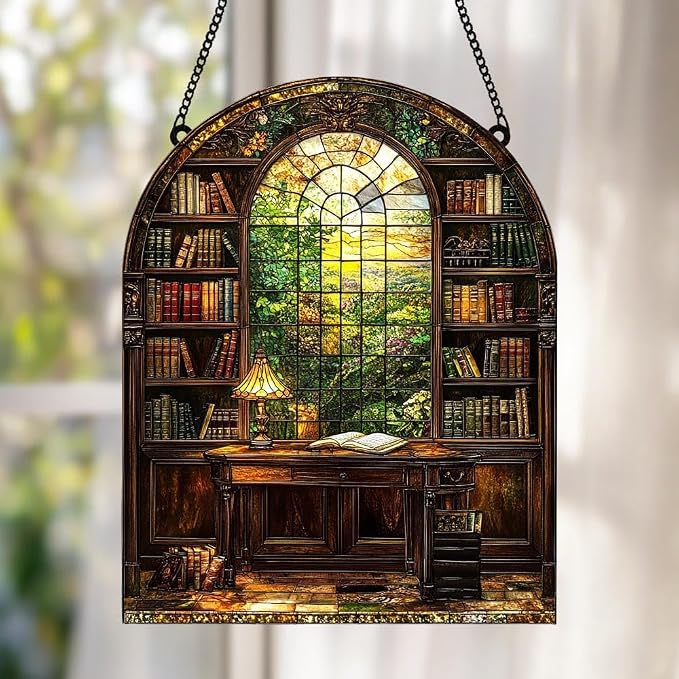 Window Bookshelf Acrylic Suncatcher, Bookish Suncatchers for Window Hanging Ornament, Art Garden Decor for Book Lover Reader Bookworm, Gifts for Mother's Day, Mom, Grandma, Wife, Women, Nana